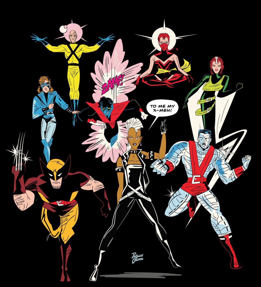 Excellent tribute to  @I_Will_Use_My and @JrRomita by @patriciooliver - 80s X-men line up #xmen #chrisclaremont #uncannyxmen #johnromitajr #Phoenix #storm #wolverine #rogue #shadowcat #kittypryde #nightcrawler #professorxavier #professorx #colossus