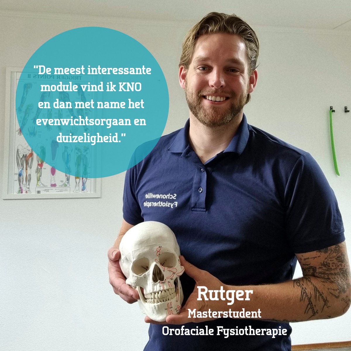 #Masterstudent | Rutger koos voor de Master Orofaciale Fysiotherapie: “In mijn praktijk zijn de meeste chronische patiënten, patiënten met nek- en schouderklachten, hoofdpijn en stressgerelateerde klachten. Na een cursus over temporomandibulaire klachten ben ik .... 1/2