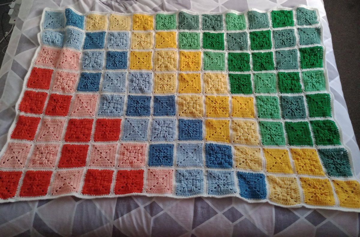 BWormBlogger's tweet photo. Last night I finally finished the #AbstractBlanket designed by @bellacocrochet. It's 96 Granny Squares in three different designs and nine different colours! #Handmade #Crochet #BabyBlanket https://t.co/LiOxEwBz9z