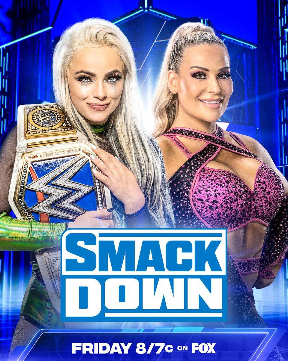 WWE's tweet photo. NEXT WEEK on #SmackDown

✨ #SmackDown Women's Champion @YaOnlyLivvOnce faces @NatbyNature in a #SummerSlam tune-up
🤳 Mr. #MITB @_Theory1 will go one-on-one with @MadcapMoss 

📺 8/7c on @FOXTV https://t.co/oINtvETVeJ