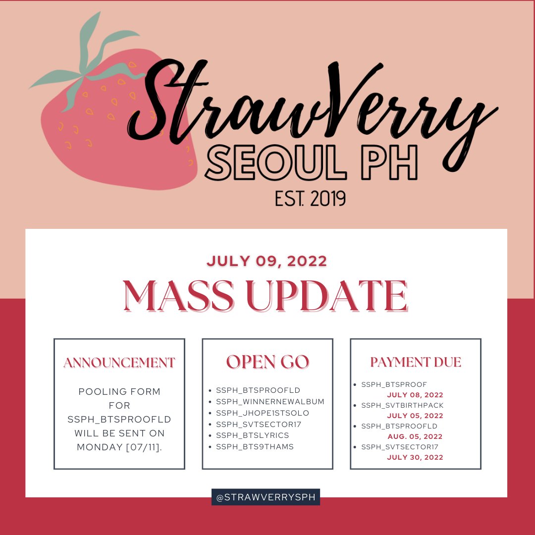StrawVerrySPH's tweet photo. MASS UPDATE as of JULY 09, 2022

Please read carefully below ✨

Thank you for your patience and understanding 🤗💜

Don't hesitate to DM us if you have any concerns/questions.

#StrawVerryUpdates 🍓 https://t.co/dbJ50UnfUX