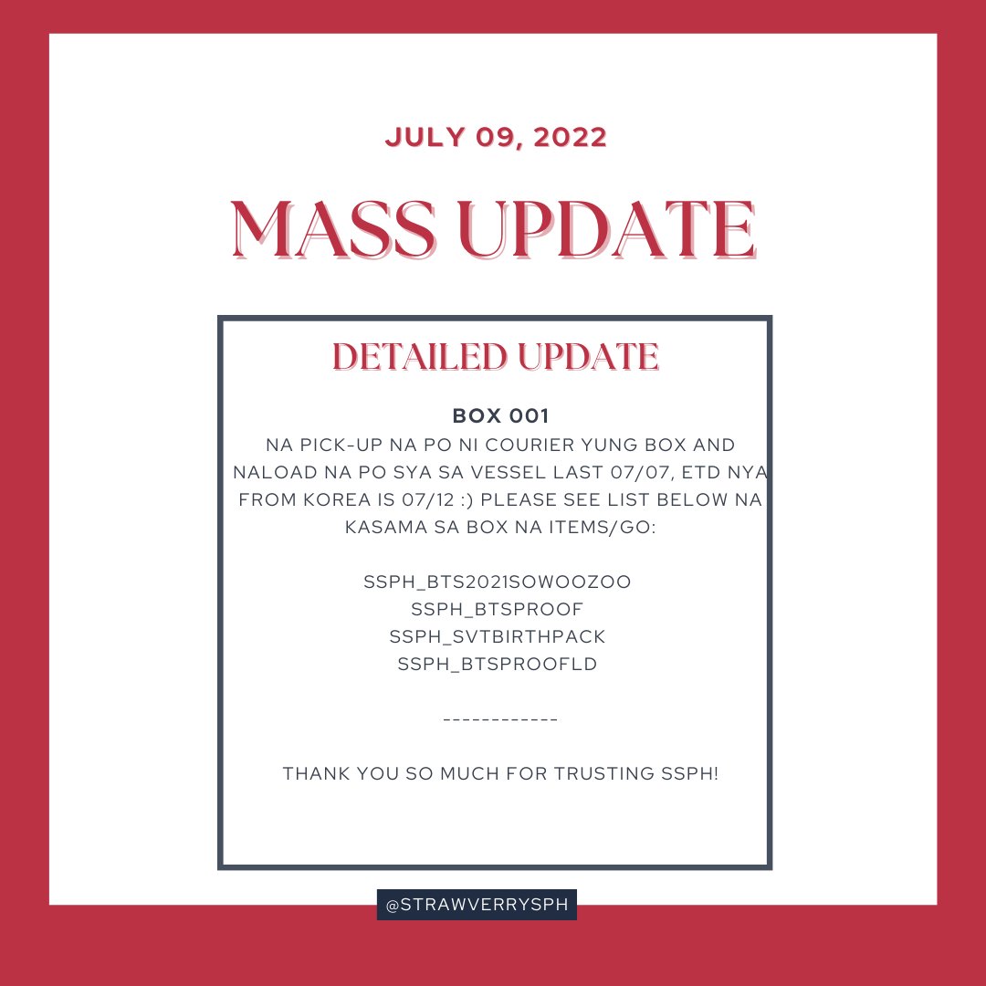 StrawVerrySPH's tweet photo. MASS UPDATE as of JULY 09, 2022

Please read carefully below ✨

Thank you for your patience and understanding 🤗💜

Don't hesitate to DM us if you have any concerns/questions.

#StrawVerryUpdates 🍓 https://t.co/dbJ50UnfUX