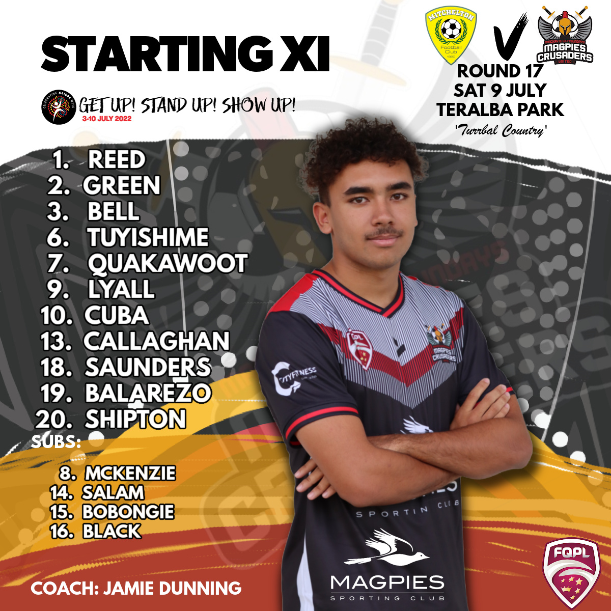 45 minutes to go until our round 17 game against Mitchelton Football Club. Good luck lads!!