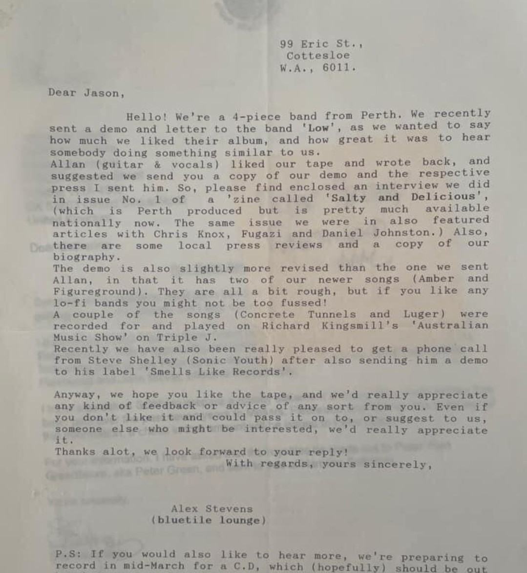 hobbledehoyrec's tweet photo. Dust off those typewriters. Here's the original (pre-lowercase) letter to Jason at Summershine Records from BLUETILE LOUNGE. 

#slowcore #bluetilelounge #australianmusic https://t.co/mghwYqYEDM