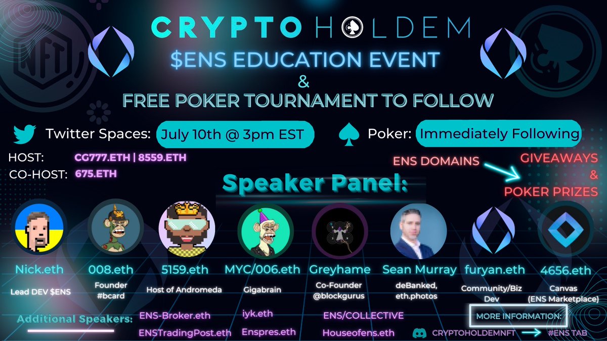 CryptoholdemNFT's tweet photo. $ENS Education Event

July 10th- Spaces &amp; FREE Poker Event

✅ Top ENS Speakers
🤯 Virtual Spaces Experience
💰 Massive Giveaways
🏆 Poker Prizes 

Spaces: https://t.co/NZjBA5Gtph

Sign-up FREE Poker: https://t.co/eStgKLcdfn

View Prizes: https://t.co/BBrpISHYYW

#ENS #NFT #Poker https://t.co/dAg1pdtYtq