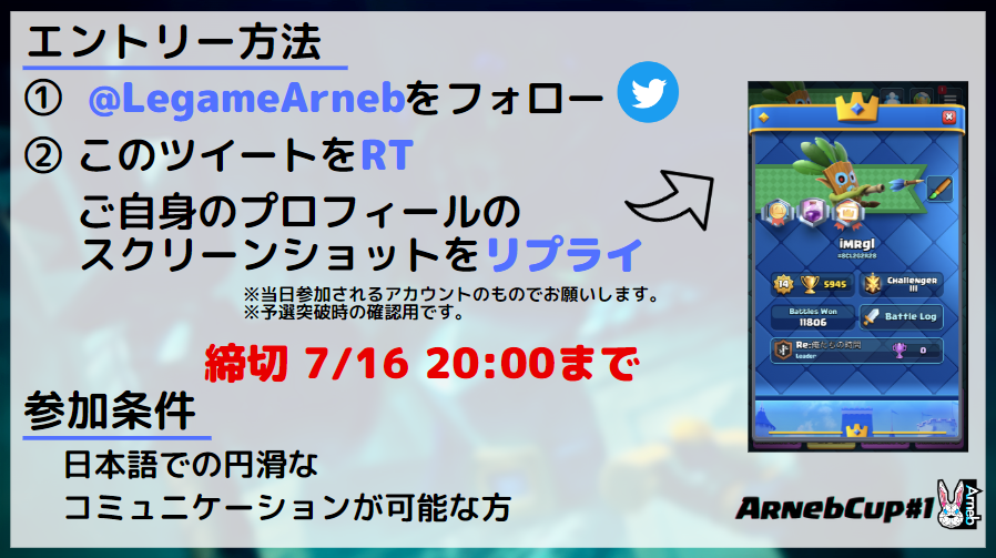 🐰ArnebCup#1開催!! 賞金総額 35,000円!!🐰
【参加条件】
① @LegameArneb のフォロー&amp;このツイートをRT
② クラロワのプロフィールのスクショをリプライ!!
詳細は画像をチェック!!
DAY1[7/16]-1000人大会予選-
DAY2[7/23]-グループステージ-
DAY3[7/30]-決勝トーナメント
#ArnebWIN #AbC #クラロワ
