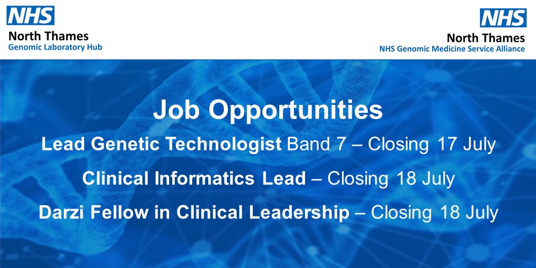 📢Job Opportunities!

We're looking for people to join our team! Current vacancies include a lead #GeneticTechnologist, #ClinicalInformatics Lead and a #DarziFellow post! 

Visit our website to find out more about the roles currently available: norththamesglh.nhs.uk/jobs/