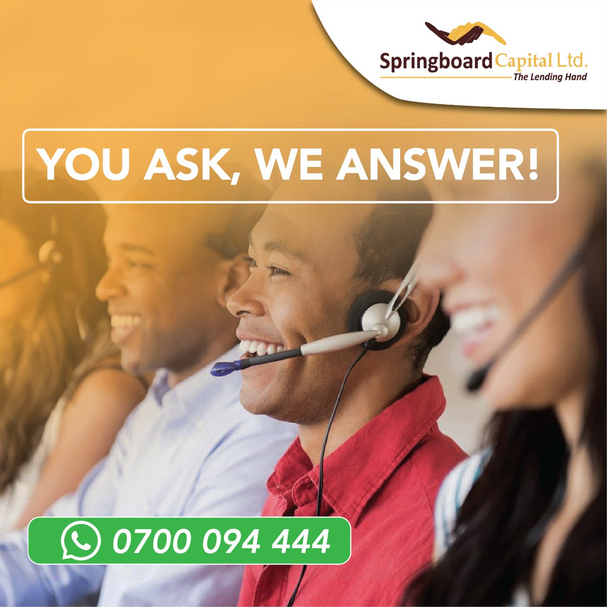 springboardke's tweet photo. You ask, we answer! Our customer service team is more than happy to be at your service. You can WhatsApp #springboardcapital on 070009444 Today. #TheLendingHand https://t.co/SGeQgARs6p