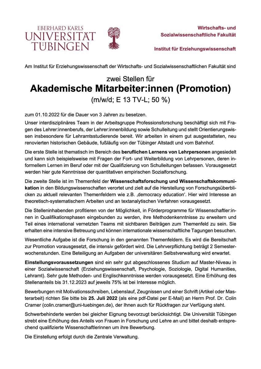 Wir haben aktuell in der Professionsforschung zwei Stellen zur Promotion in den Bereichen berufliches Lernen von Lehrpersonen sowie Wissenschaftsforschung und Wissenschaftskommunikation ausgeschrieben. Über Interesse freuen wir uns sehr!