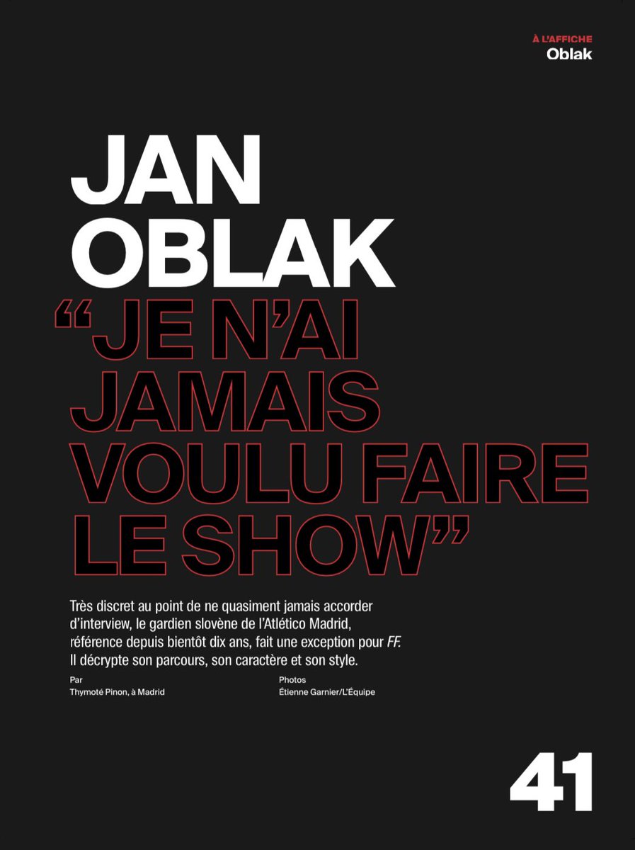 ThymPinon's tweet photo. Jan Oblak x @francefootball 🇸🇮  

Le gardien de l’Atlético de Madrid n’a jamais voulu faire le show. Au point de ne quasiment jamais donner d’interview. Pour FF, il fait une exception, explique d’où vient cette discrétion et décrypte son style. https://t.co/Q2EbuMnN0R