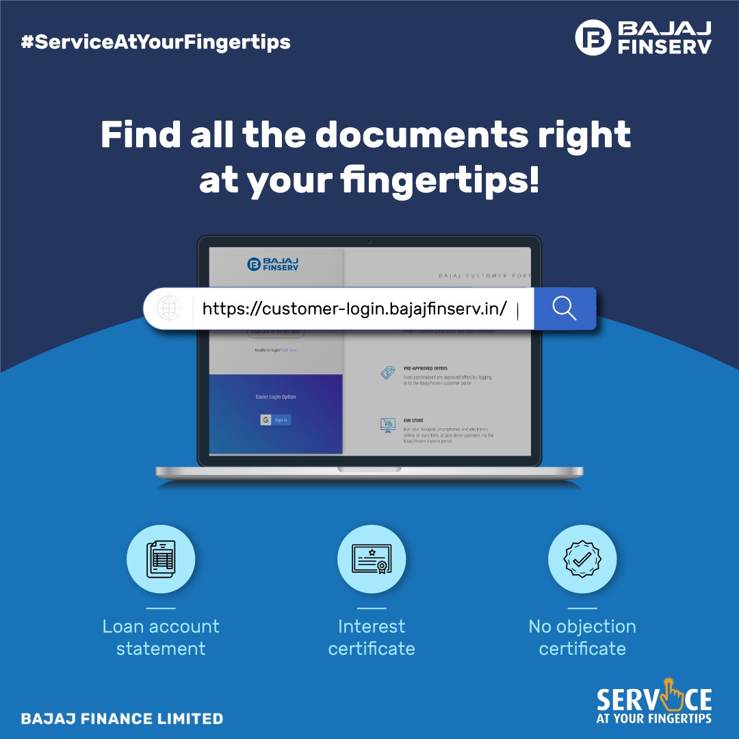 Bajaj_Finance's tweet photo. If you're a #BajajFinance customer, log onto our Customer Portal to view all your account statements, NOC, payments, offers, service assistance and much more, all in one place. Skip the queue and open the door to our #ServiceStore.
Click here: https://t.co/TkkreI3wjJ
(1/2) https://t.co/kDDD8q5hgF