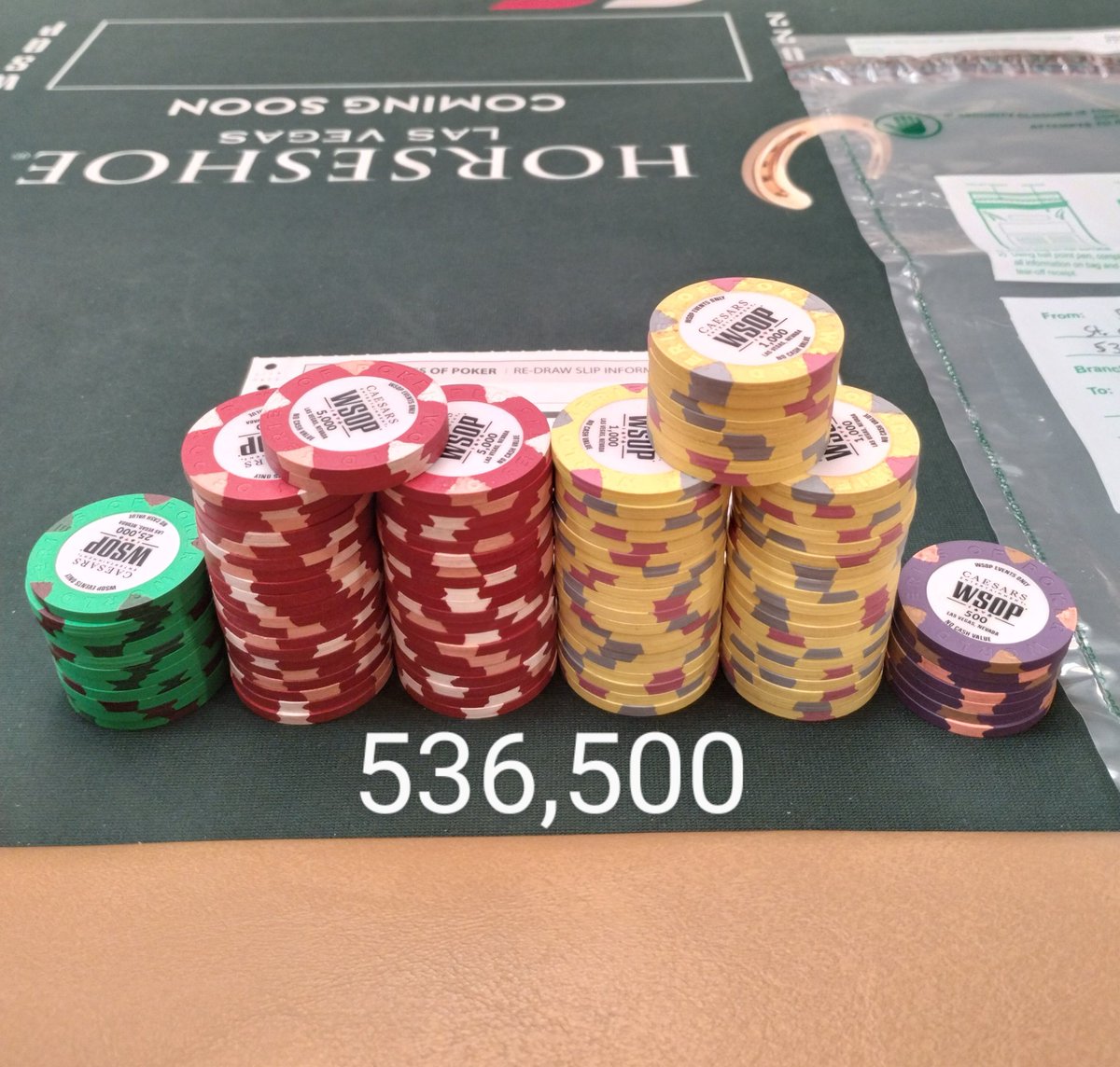 536.5k in the bag headed for Day 3 of the #WSOP Main Event. Just a few hundred million more to go.