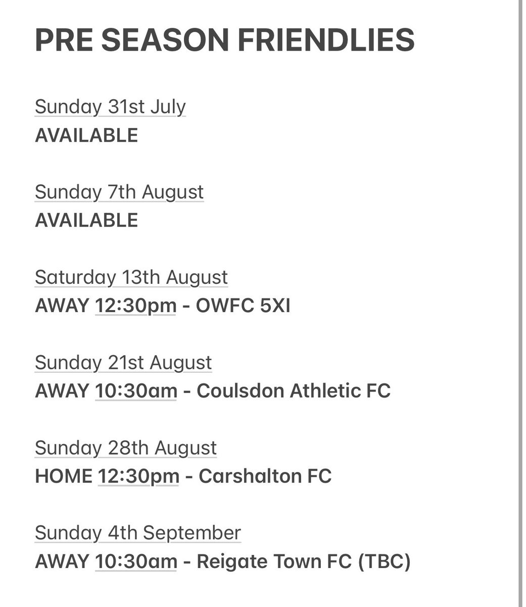 OCE_FC's tweet photo. Some dates have come available for Pre Season Friendlies! Drop us a dm if you’d like to take them 📩

▪️SUNDAY 31ST JULY 
▪️SUNDAY 7TH AUGUST 

@LeagueRedhill @grassfootballuk 

#OCEFC #SundayLeague #Grassroots #Football #Redhill #Leatherhead #Croydon #Surrey https://t.co/1Rkkh2HClT