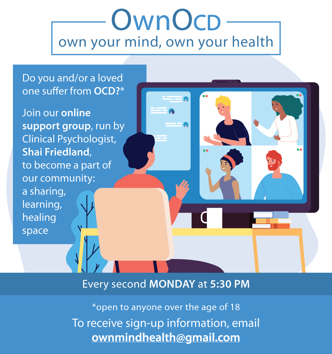 TheSADAG's tweet photo. Join SADAG's much needed OCD Support Group. This group is facilitated by Clinical Psychologist and SADAG Board Member Shai Friedland and is an online Support Group, which meets twice every second Monday. See poster below for more details and to RSVP. #PowerofSupportGroups https://t.co/2I4lQ5zbTS