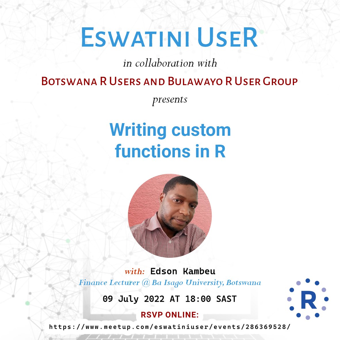 EswatiniUseR (@eswatiniuser) on Twitter photo 🚨📢Join us later today for our July Meetup in collaboration with <a href="/botswana_r/">BotswanaR Users</a>
<a href="/RConsortium/">R Consortium</a>
👨💻 Writing custom functions in R
🗓️ Saturday 09 July 2022
⏲️ 18:00 SAST | GMT+2
meetup.com/eswatiniuser/e… 🚨📢Join us later today for our July Meetup in collaboration with <a href="/botswana_r/">BotswanaR Users</a>
<a href="/RConsortium/">R Consortium</a>
👨💻 Writing custom functions in R
🗓️ Saturday 09 July 2022
⏲️ 18:00 SAST | GMT+2
meetup.com/eswatiniuser/e…