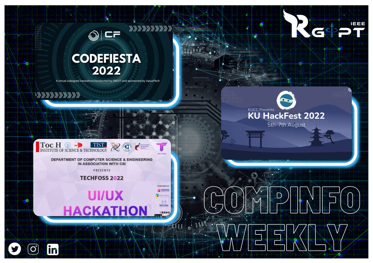 IRgipt's tweet photo. 1) The Kathmandu University Computer Club will host KU HackFest 2022
Link: https://t.co/kyAvTvStXN 

2) TECHFOSS 2022,
Link: https://t.co/uBG5njnmF9 

3) Sir MVIT
Link: https://t.co/SpPpdGP42U
Hoping this would be very helpful for your growth.
#ieee #rgipt #hackathon #codefiesta https://t.co/Srqy4PqWBv
