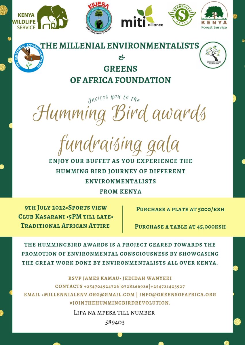 Food4treesI's tweet photo. Let us do it this evening by celebrating environmentalists around Kenya for their efforts in conserving mother nature.
@Environment_Ke @MitiAlliance @cookswelljikos @KeForestService @kwskenya @AfricaGreens @Food4treesI .#JoinTheHummingBirdRevolution #HummingBirdAwards https://t.co/gLqPdo0jXb
