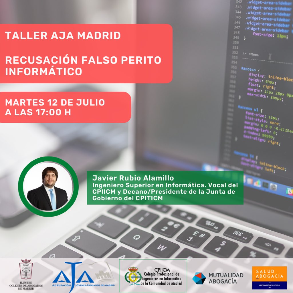 Interesante taller organizado por <a href="/aja_madrid/">AJA-Madrid</a> sobre la recusación de los falsos #peritos #informáticos próximo Martes 12 de Julio a las 17:00 no te pierdas a Javier Rubio Alamillo inscripciones en  
register.gotowebinar.com/register/91374…
@mutuaabogacía <a href="/cpiticm/">CPITICM</a>