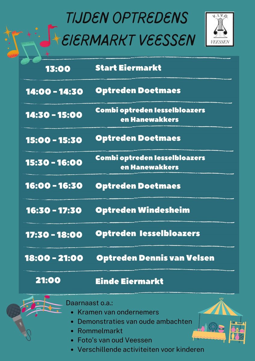 Vandaag van 13.00 - 21.00 'Eiermarkt Veessen'
Leuk evenement om te combineren met een heerlijke fietstocht door de IJsselvallei en bezichtiging van de Veluwse Deltawerken: bit.ly/2KGqtju   
Informatie eiermarkt in de webapp ... bit.ly/2IFiYK0
Line up ⤵