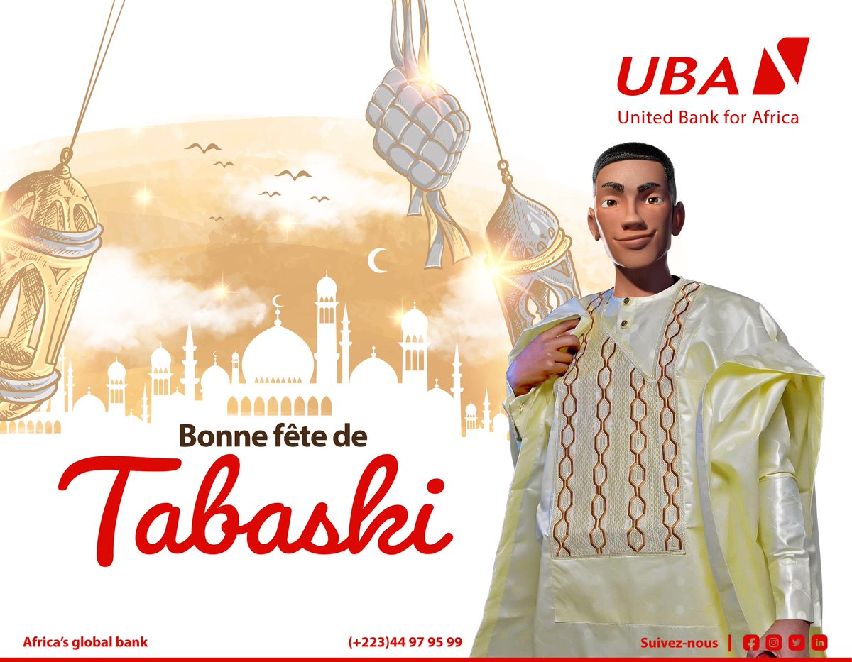 UBA_Mali's tweet photo. Bonne fête de Seliba la famille. 🤗 🙏🏽
Passez un excellent moment de partage et de joie avec vos proches.

#Tabaski2022 #eidelkebir #Seliba #SambeSambe #UBAMali #labanquedigitale #AfricasGlobalBank https://t.co/IhK0OJgh5W