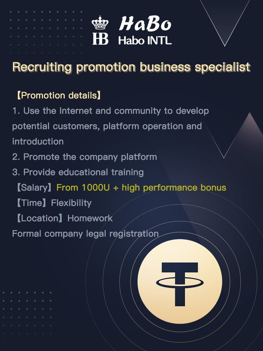Recruiting promotion business specialist

【Salary】From 1000U + high performance bonus
【Time】Flexibility
【Location】Homework

more detail plz contact us
t.me/habohelen
habo66.com/#/entry?key=rr…

#promotion #habo #usdt #bonus #homework #Job