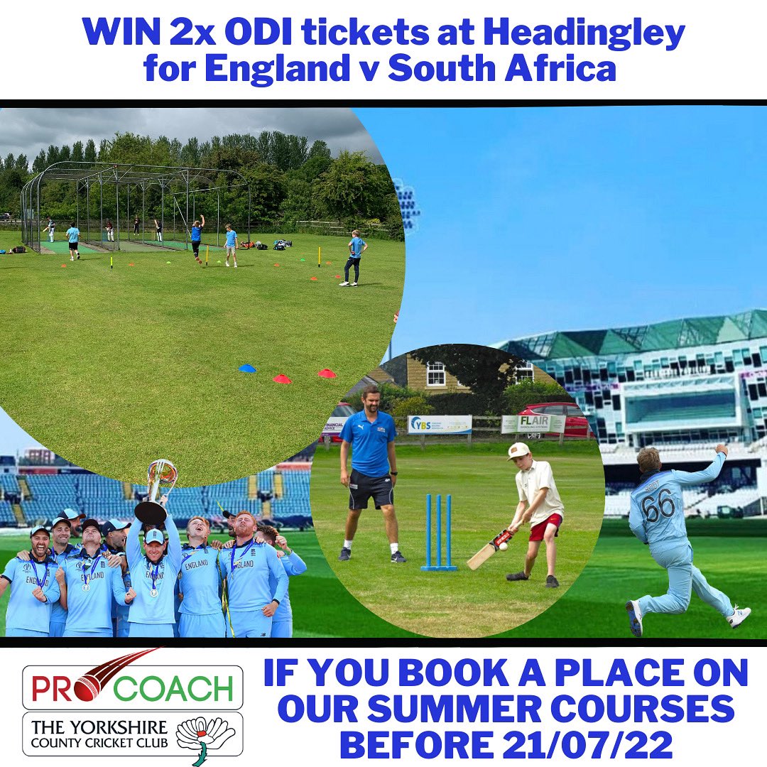 SUMMER 2022 - BOOK NOW AND WIN ENGLAND ODI TICKETS 🎟🎟

We have a great opportunity to win 2 tickets to the England v South Africa ODI at Headingley on the 24th July 🏏

If you BOOK a place on one of our SUMMER COURSES before the 21st July, you will be entered in a prize draw!