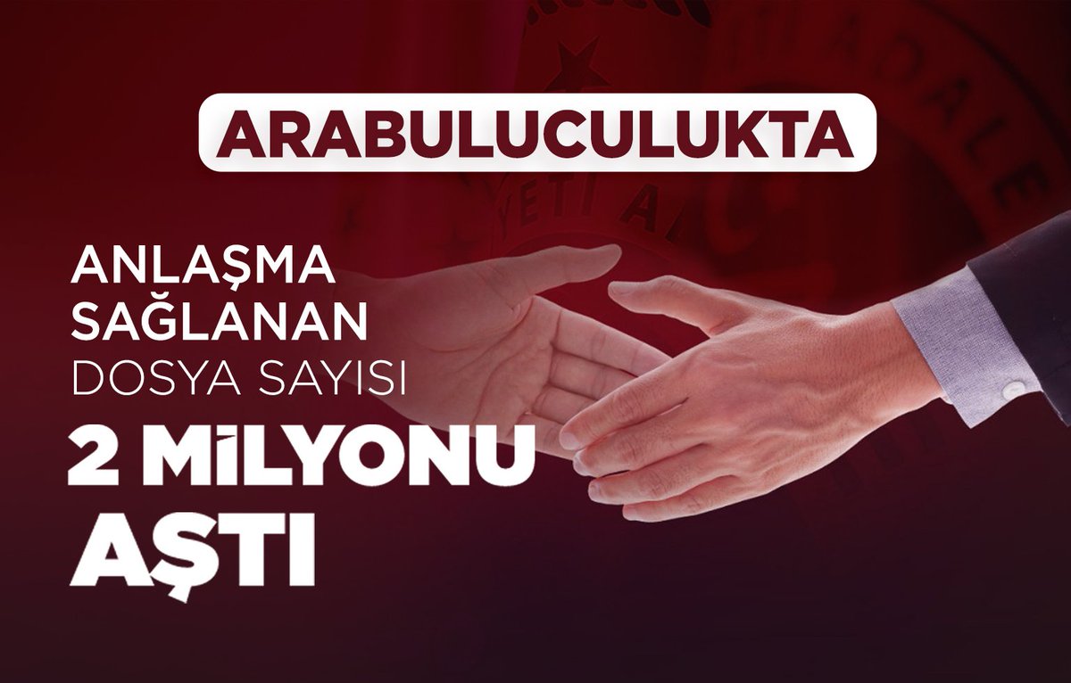 adalet_bakanlik's tweet photo. 📌Arabuluculuk sayesinde uyuşmazlıklar kısa sürede çözüme kavuşturulurken mahkemelerin iş yükü azalıyor. 🤝

📌Bugüne kadar 3 milyon 26 bin 226 dosyanın, 2 milyon 95 bin 933’ü çözüme kavuşturuldu.✅

📌Böylece başarı oranı yüzde 69 oldu.📊

➡️ https://t.co/mKeyjuIgiZ https://t.co/5DhBkcHMFu
