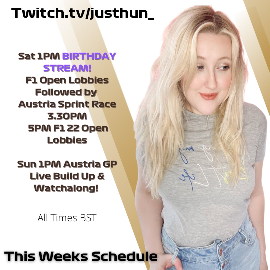JustHun_'s tweet photo. IT’S MY BIRTHDAY WEEKEND!!! 🎉🎉🎉
Join us today & tomorrow for lots of open lobbies, F1 Sprint Race & Race & some very average driving…
https://t.co/waRQGuvj7L
#f122 #f122game #streamer #twitchstreamer #girlstreamer #f1streamer https://t.co/IottetwSNw