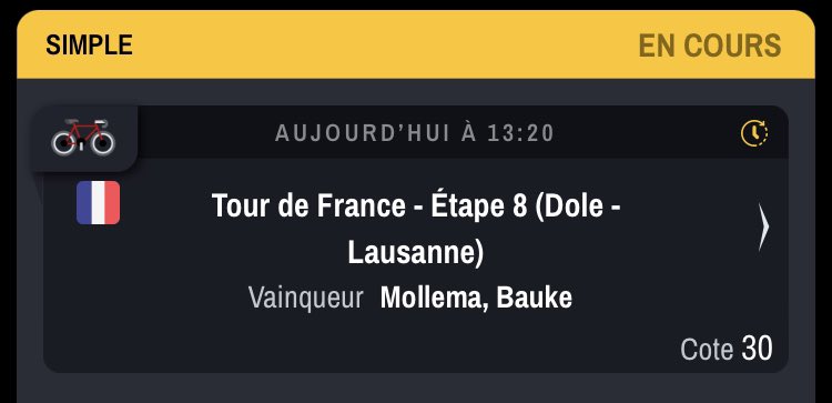 🚧 Etape 8 #TDF2022  🚧

Aucun feeling pour aujourd’hui, on va vite savoir si WVA tue la course ou pas,
Vaut mieux attendre le live imo

🚵🏼‍♂️ Mollema - 30

Good luck 🔥

#TeamParieur