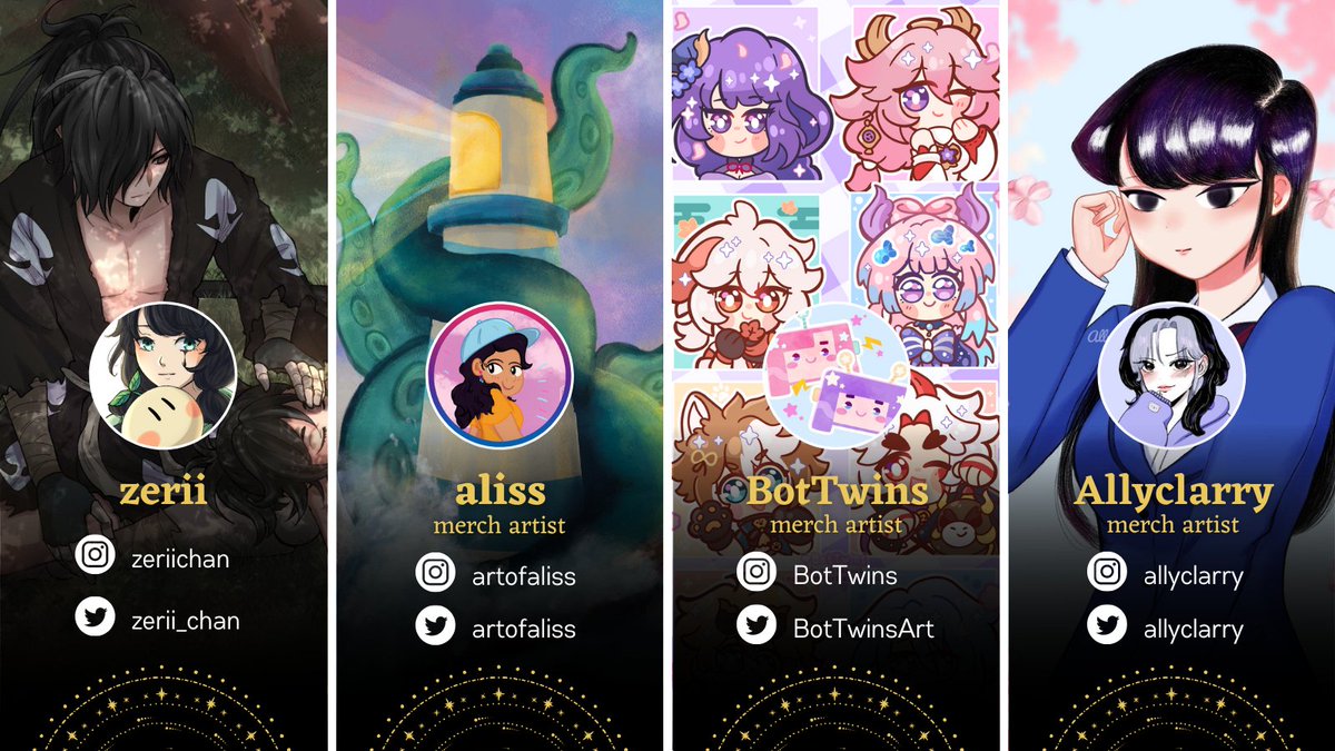 genshinccsmash's tweet photo. Time for our last set of spotlights
@zerii_chan @artofaliss @BotTwinsArt and @allyclarry 

Such a fun range of fantastic art styles. Be sure to check them out! Today includes our merch artists too who’ve made some real special bonus goodies for participants!
#GenshinBingoSMASH https://t.co/JzoT7QmjaJ