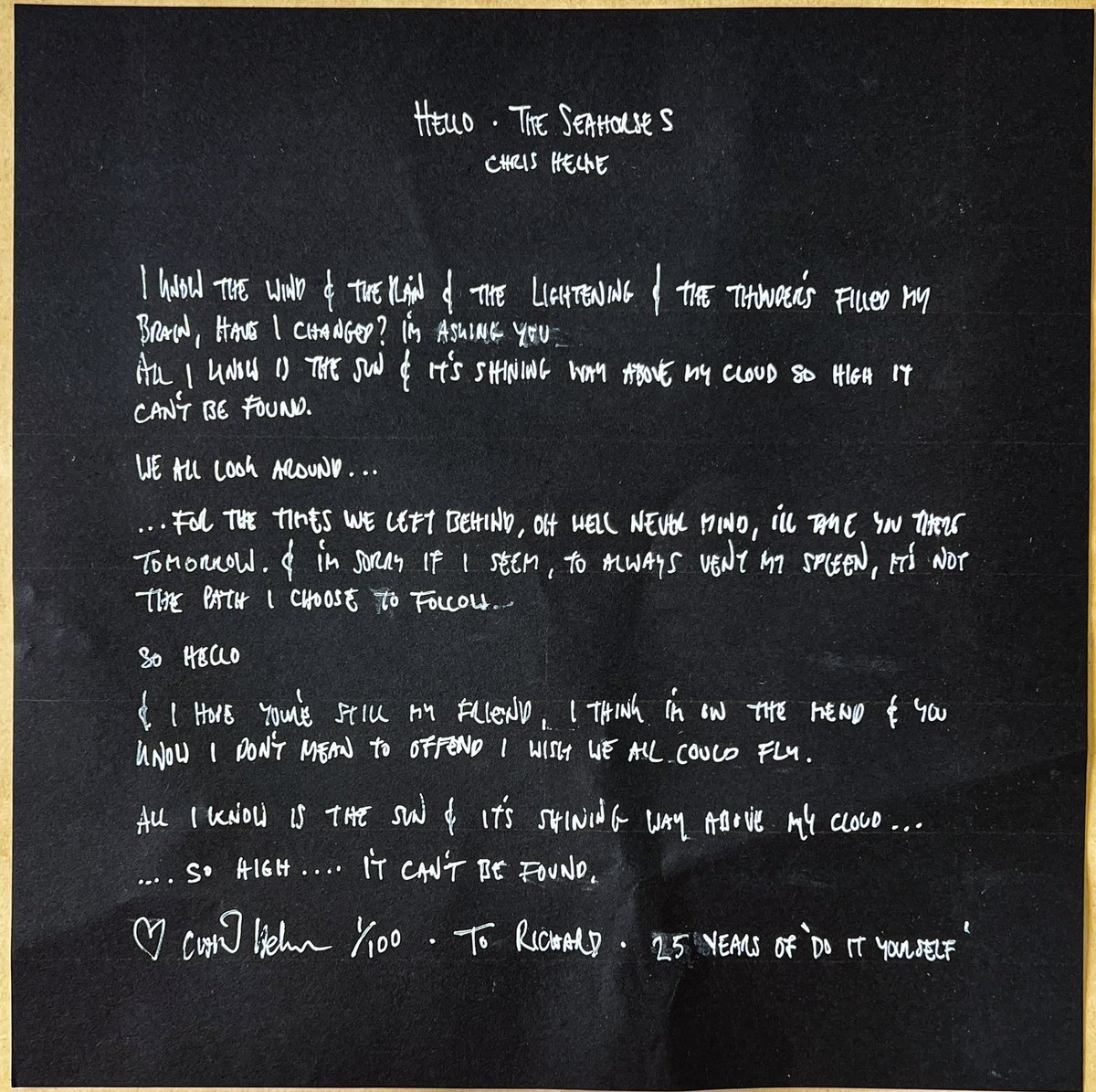 _RichardStreet_'s tweet photo. The handwritten lyrics from @ChrisHelme arrived today. Looks great! Just need a frame and it’ll be up on the wall.
Listening to #DoItYourself this morning now. https://t.co/7GWX8ezN54