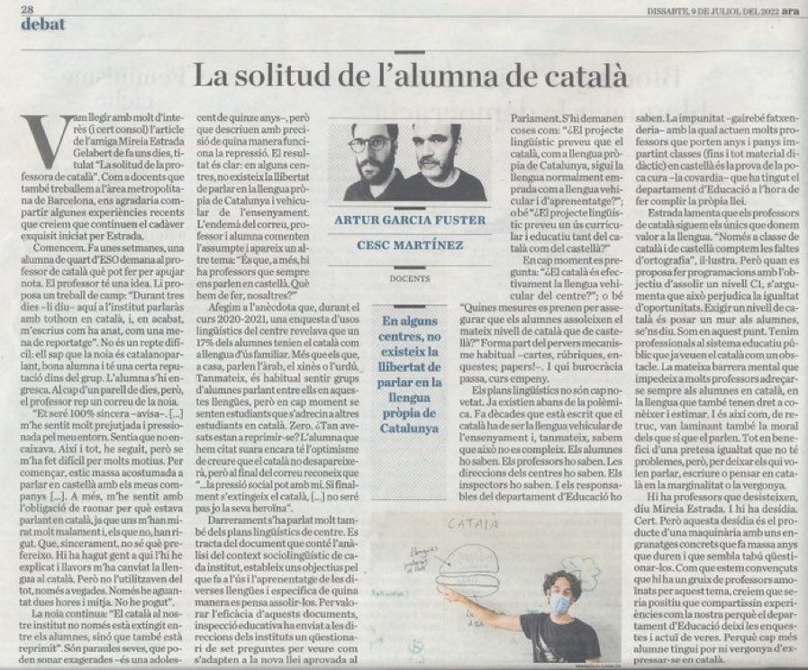 Un article escruixidor i d’un realisme inhabitual. Fets pelats i ben analitzats. Sí, que siguin més els professors que en parlen contra la voluntat de no saber-ne res dels successius governs !