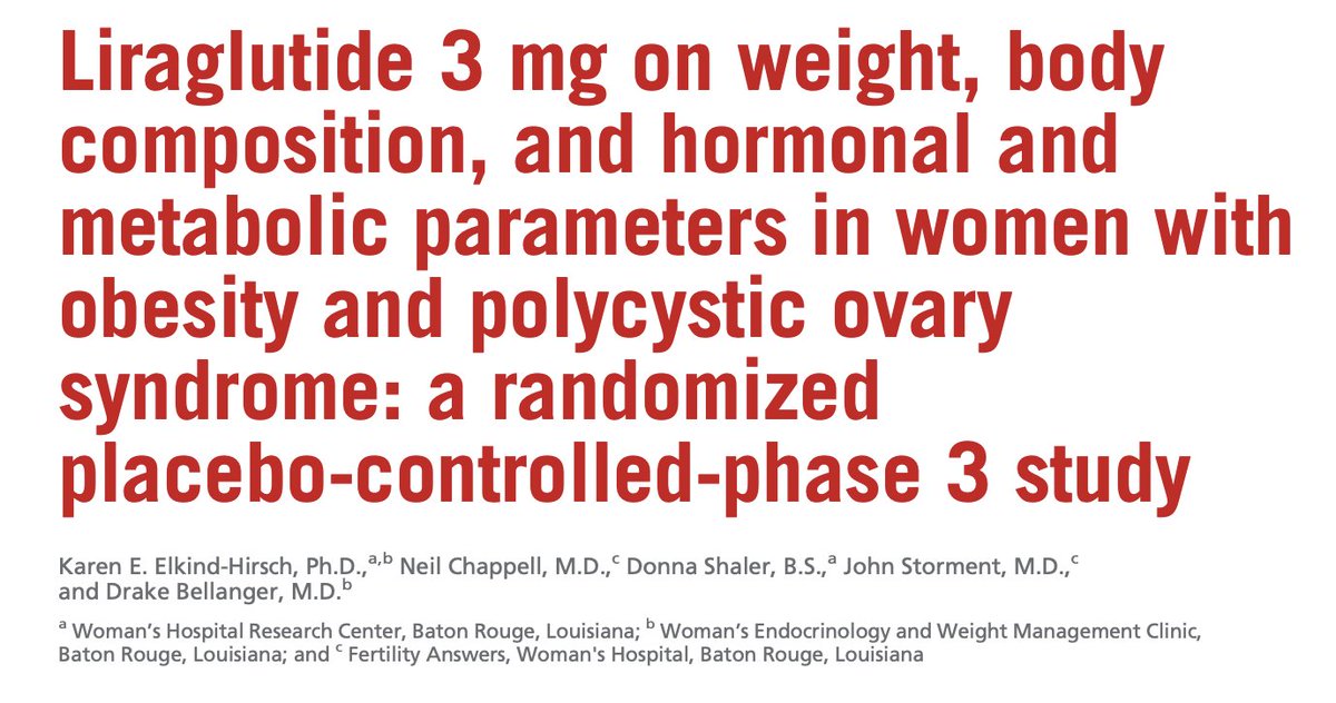 Randomized, double-blind, placebo-controlled trial indicated that use of 3mg liraglutide, a GLP-1 agonist, resulted in greater loss in weight & decrease in free androgen index during a 32-week lifestyle intervention for women w/ #PCOS Link: fertstert.org/article/S0015-…