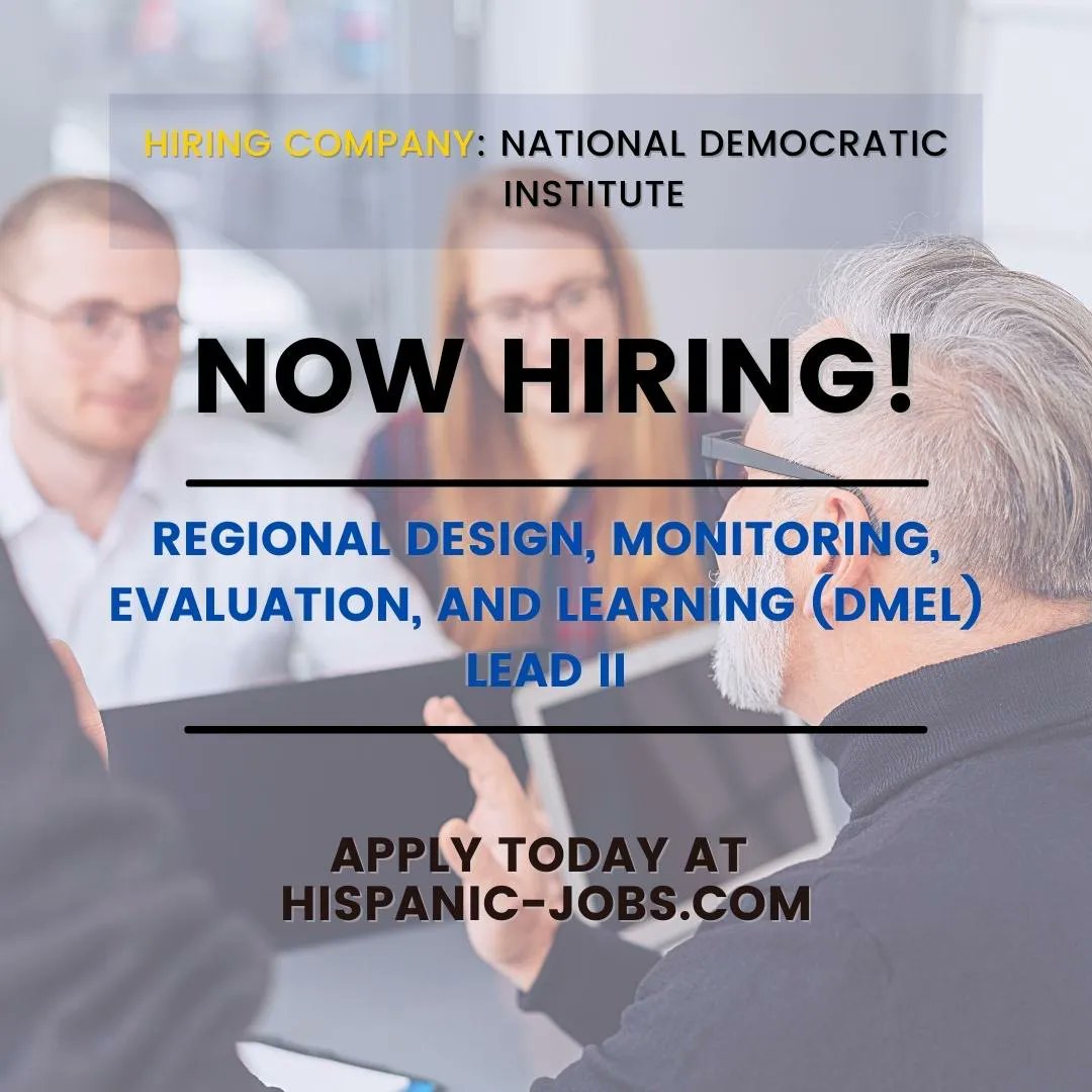 hispanicjobs's tweet image. JOB: Regional Design, Monitoring, Evaluation, and Learning (DMEL) Lead II

Submit your application today!
&amp;gt;&amp;gt; buff.ly/3nPnQzO

#dmel #lead #leader #regionalleader #bilingual #spanish #bilingualjobs #bilingualspanish #employment #career #JobOpening #employmentopportunities