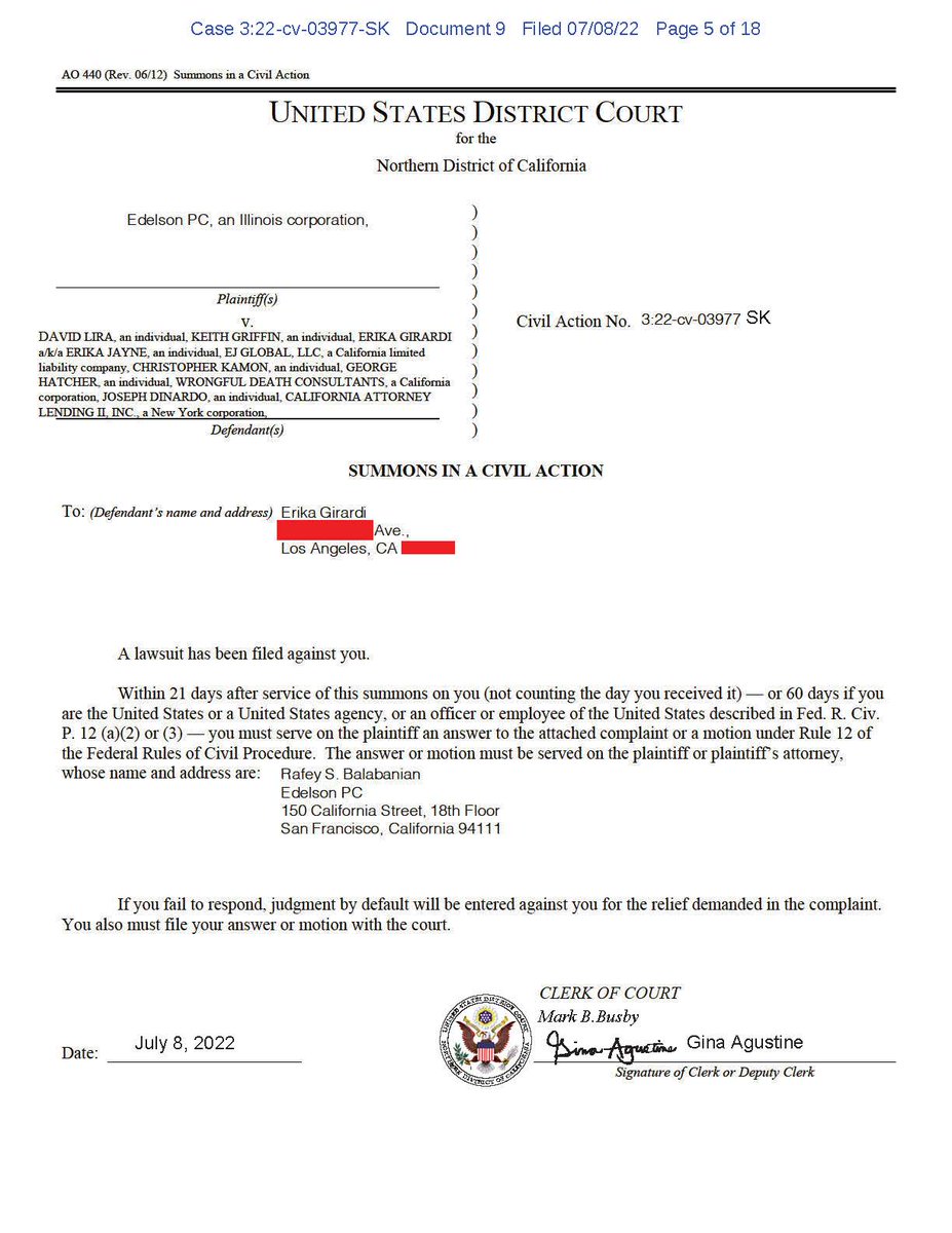 RonaldRichards's tweet image. Breaking:  The federal court clerk just issued a summons in the civil racketeering case.  This means that process servers will be headed to her rental to serve her.  We told her to settle a long time ago, now it is becoming an overwhelming amount of cases to defend and manage.