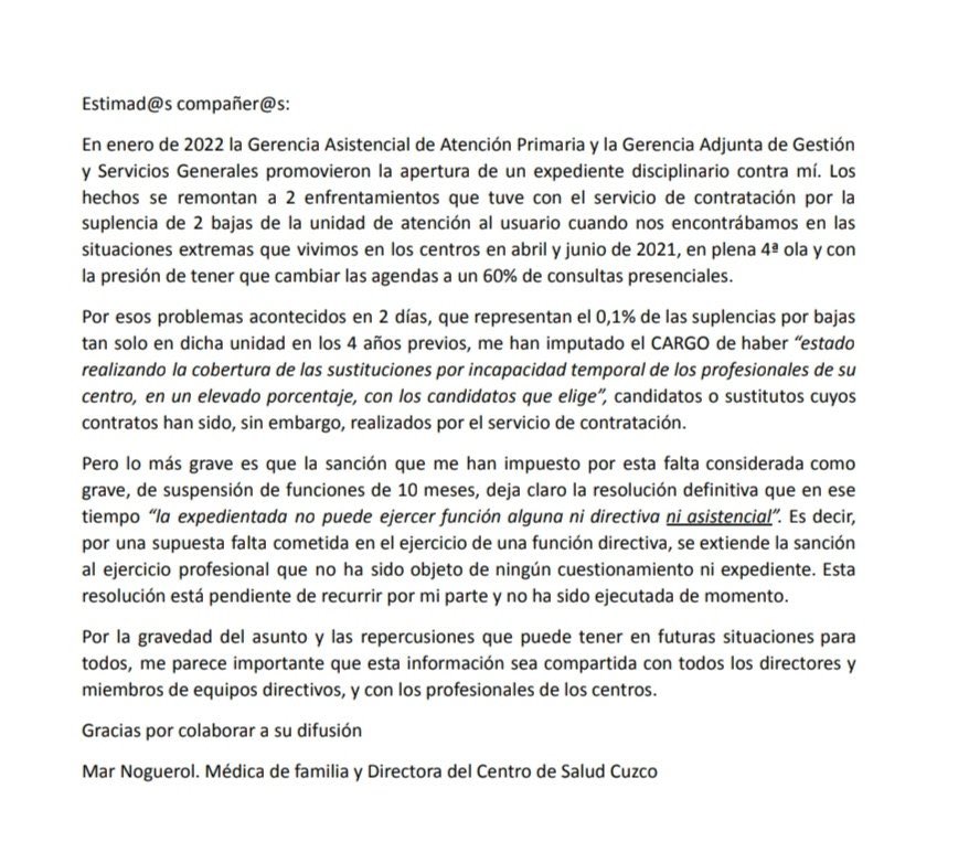 javierpadillab's tweet photo. Un nuevo episodio de caciquismo gerencial. Esta vez contra una directora de centro de salud comprometida con sus pacientes y compañeros de centro de salud

Todo el apoyo a Mar Noguerol; el lunes registraremos en la Asamblea preguntas para pedir explicaciones por este despropósito https://t.co/6EdnypOO4b