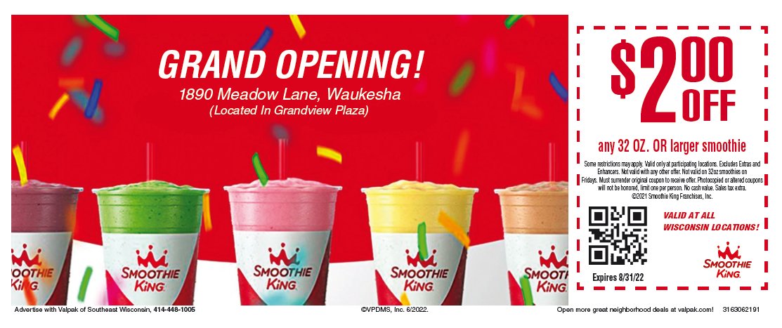 ValpakSEWI's tweet photo. Check out the new Smoothie King location in Waukesha! Don't forget to check your blue envelope for these great offers! https://t.co/GUwjoMs9jl