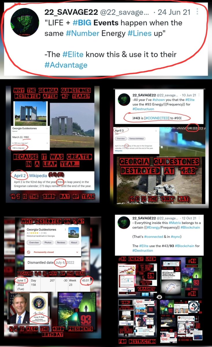 TheMatrixology's tweet photo. "Since 2020 I've Told You About The 42/43 & #93"
-The #GeorgiaGuideStones Were Destroyed After "42" Years
-Why? Because It Was built In A #LEAP Year (4/2 = #93rd Day)
-#Destroyed On 7/6 (Because 6/7 = 43% Of Year
-Destroyed @ "4:03" On The #43rd Presidents Birthday
#Matrix https://t.co/ebzWLL9eWd
