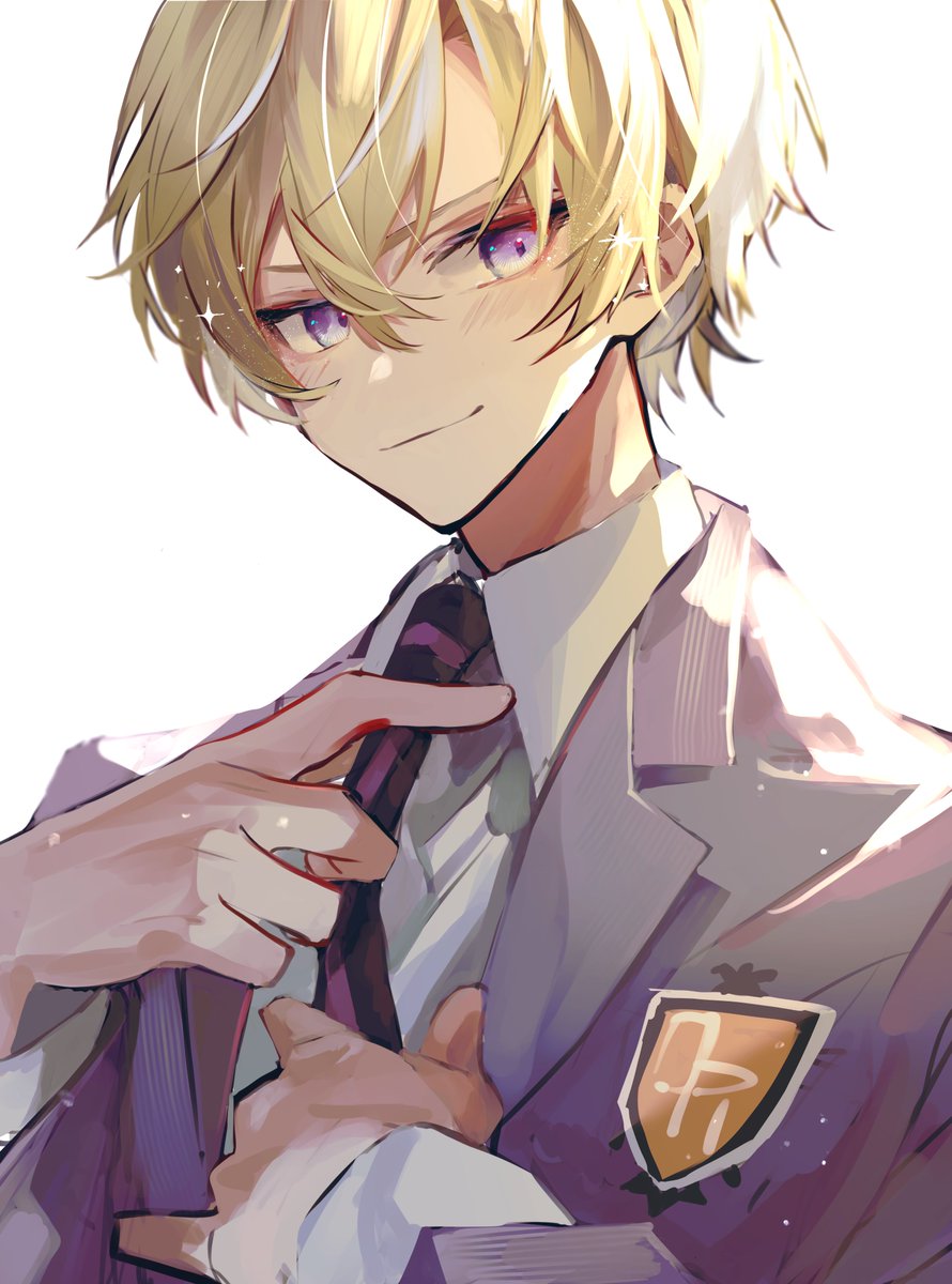1boy male focus blonde hair necktie solo white background smile  illustration images