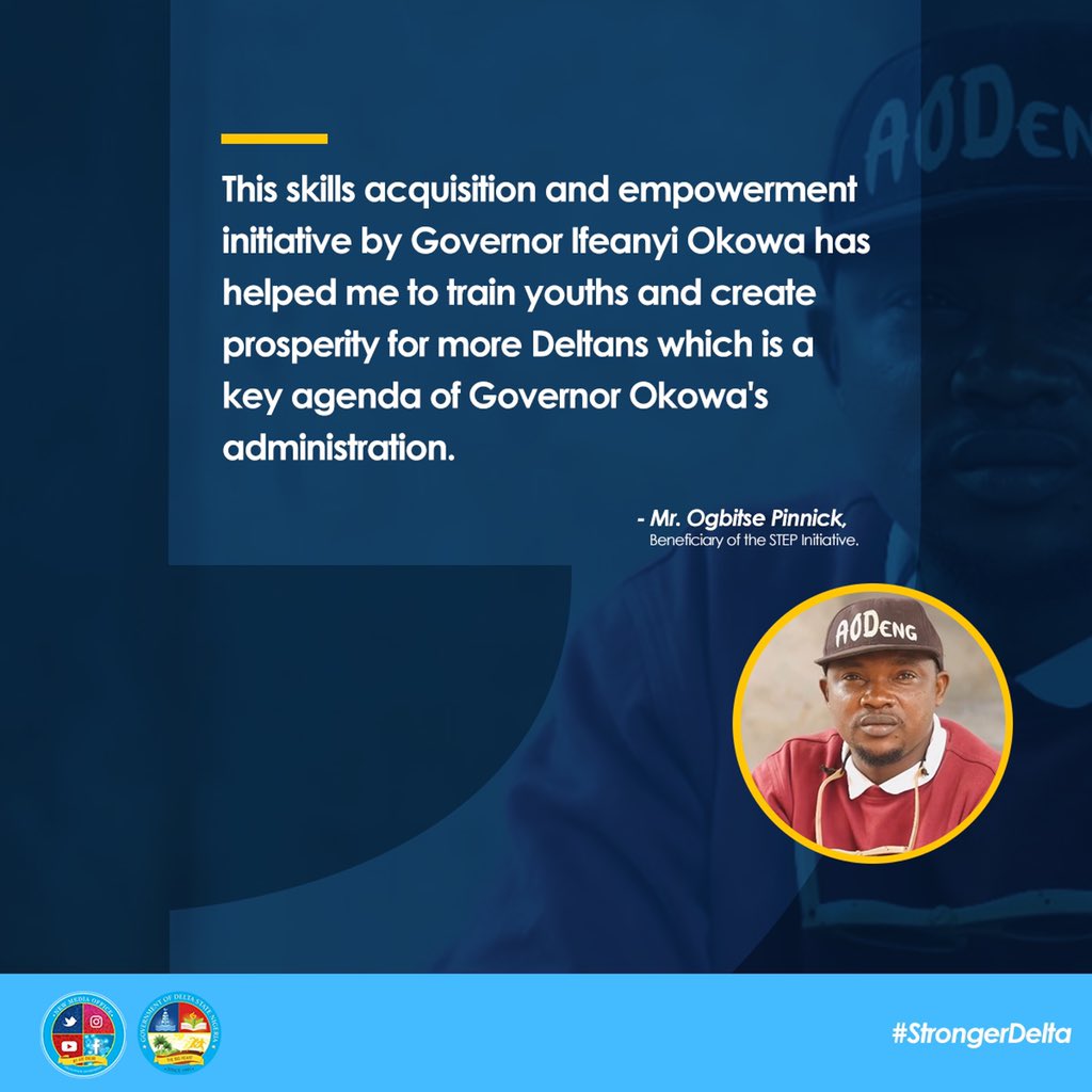 DSGovernment's tweet photo. "This empowerment initiative by Governor Ifeanyi Okowa has helped me to train youths and create prosperity for more Deltans,"
Our #BeneficiaryofTheWeek, Mr Ogbitse Pinnick speaks on the impact of the #STEP Initiative. https://t.co/yuplzMuR91