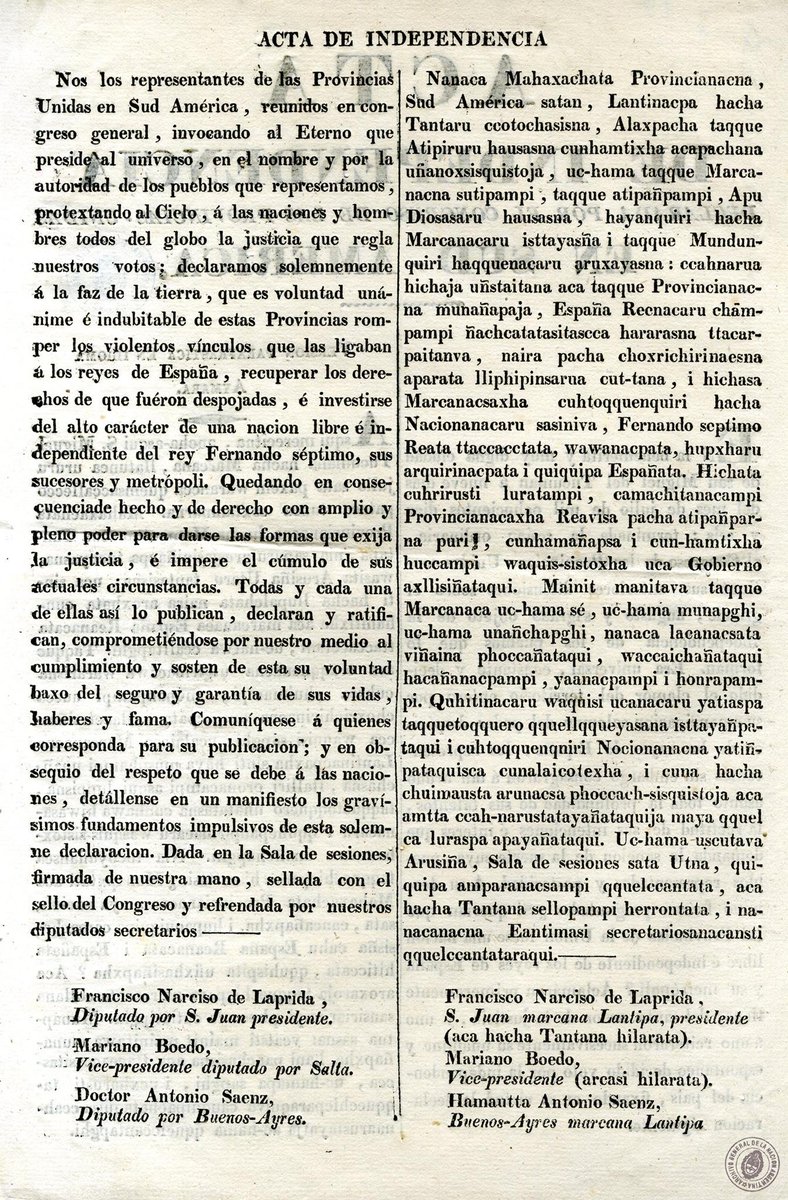 fwasserm's tweet image. Versión bilingüe de la Declaración de la Independencia  (castellano y aymara)