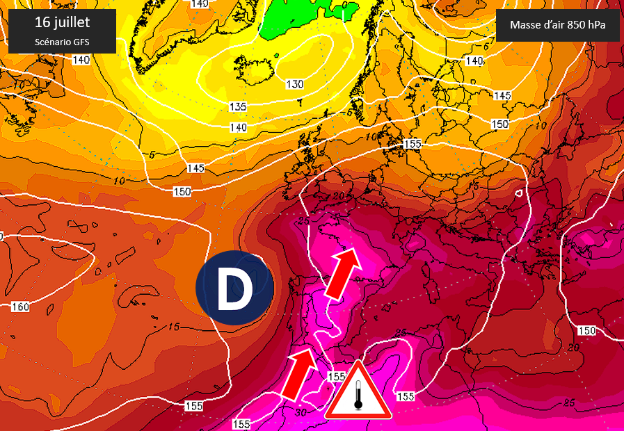 AnthoGrillon's tweet photo. 🔴 Malheureusement les runs extrêmement chauds se succèdent sur GFS plus l'échéance approche. Au 16 juillet (ech. 7j), masse d'air presque à 30°C sur la #France et l'#Espagne. Runs isolés vraiment ? Dimanche dernier, j'alertais déjà de la menace ! Restons prudents... #canicule https://t.co/NZ64Z45qkv
