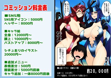 コミッション表です。夏コミ原稿落ち着いてきたのでまたご依頼いただけるとありがたいです!オリジナルでも二次創作でもエロなんでも大丈夫です!
skeb
https://t.co/XcGfXW34wf 
pixivリクエスト
https://t.co/DMnn6wS4Fm
スキマ
https://t.co/xa4nyhaE7Q 