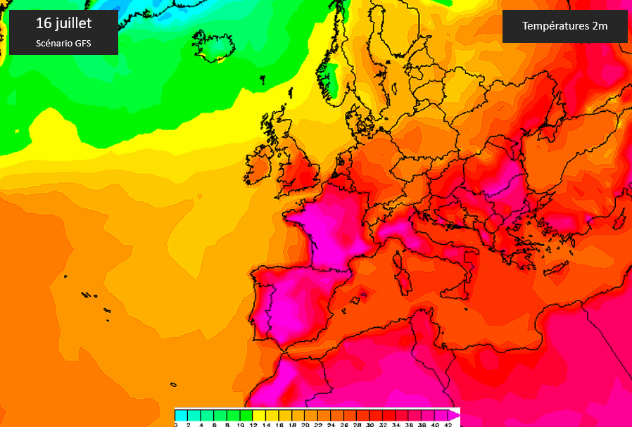 AnthoGrillon's tweet photo. 🔴 Malheureusement les runs extrêmement chauds se succèdent sur GFS plus l'échéance approche. Au 16 juillet (ech. 7j), masse d'air presque à 30°C sur la #France et l'#Espagne. Runs isolés vraiment ? Dimanche dernier, j'alertais déjà de la menace ! Restons prudents... #canicule https://t.co/NZ64Z45qkv