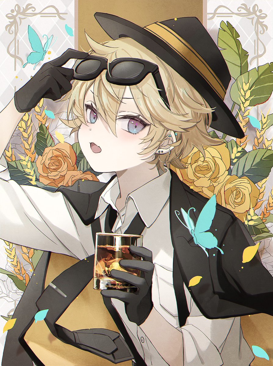 1boy male focus gloves blonde hair butterfly hat holding  illustration images