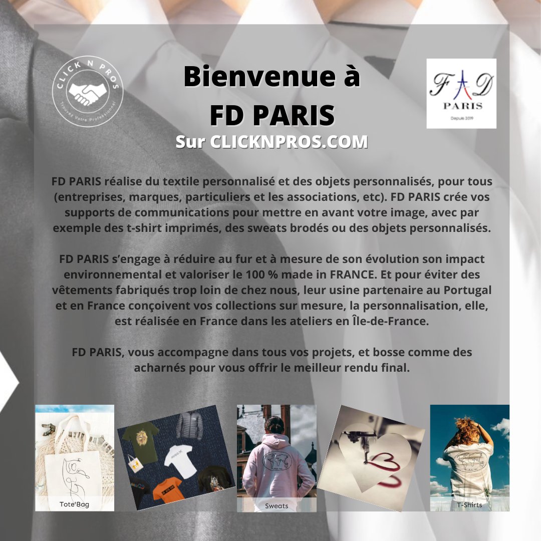 Retrouvez la société FD PARIS qui réalise du textile personnalisé et des objets personnalisés👔👜☕️, pour tous (entreprises, marques, particuliers et les associations, etc).
 #clicknpros #textile #objetpersonnalise #entreprises #particulier #association #madeinfrance #broderie