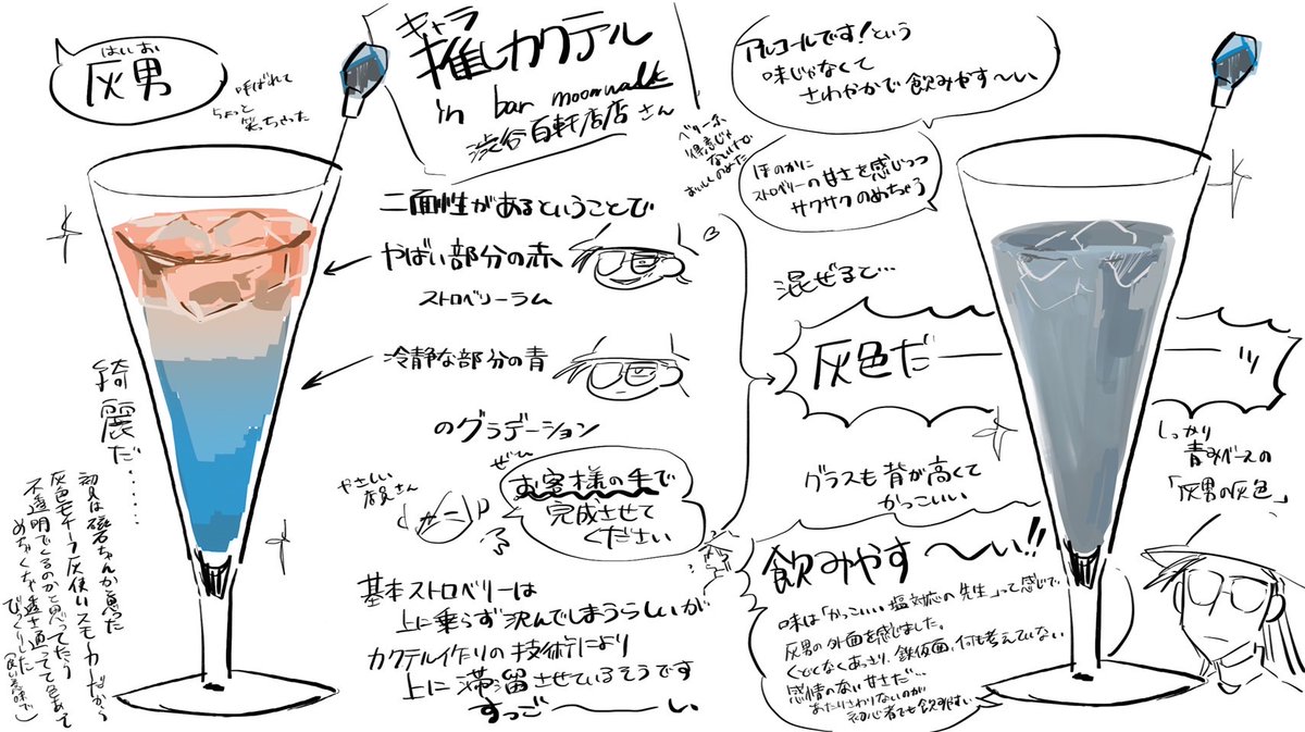 先日、[@mw_hyaku ]様にて灰男(ない話)のキャラカクテルを作っていただきました!
綺麗で美味しく解釈最高の「完成させる」カクテル、すごかったです……!ありがとうございました🍸✨ 