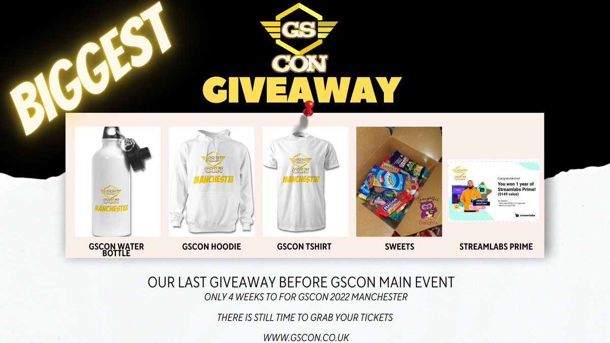 GSCON_'s tweet photo. 🚨OUR BIGGEST GIVEAWAY EVER🚨

Completely FREE #Giveaway 

Our last Giveaway before the main @GSCON22 Event.

✅Like , Retweet 
✅Follow us 
✅Comment what your looking forward to

GSCON is just 4 weeks today 😱

Time is running out for tickets
🎟️https://t.co/JqmcHyBpWy 🎟️ https://t.co/ZW5mbWhLtk