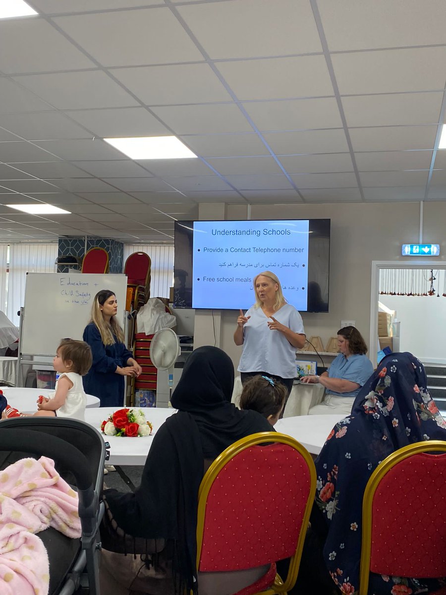 acaa_women's tweet photo. Head of partnerships Sharon Evans and lovely volunteer Newsha Nodoost, a former teacher in Iran, delivered a workshop on demystifying the UK primary school system, empowering Afghan mothers with information, helping them feel secure and confident sending their children to school. https://t.co/fb36oWicow