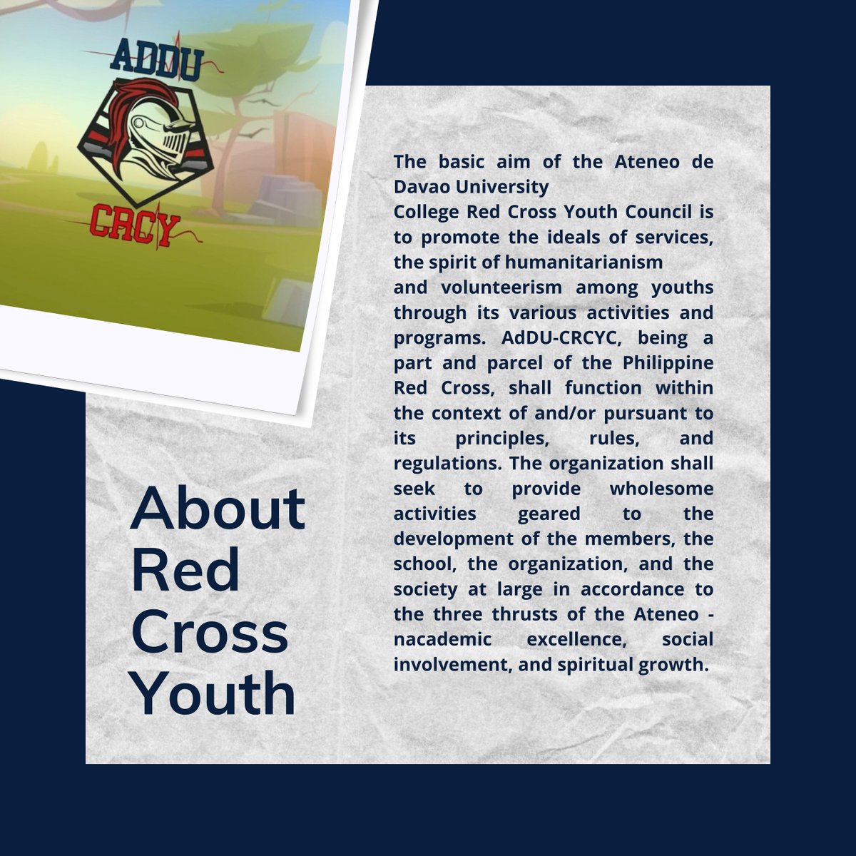 addusca's tweet photo. SCA DAILY ORG FEATURE | AdDU CRCY
the AdDU College Red Cross Youth Council aims to promote the ideals of @AdDUCRCY services, the spirit of humanitarianism and volunteerism among youths through its various activities and programs.
#SIMULA2022
#COADRecWeek
#TapTheUntapped https://t.co/QXF74nZpWm